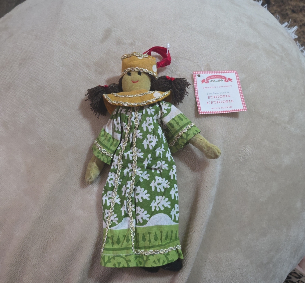 Pottery Barn Kids Green and Yellow Fabric Doll Ornament
